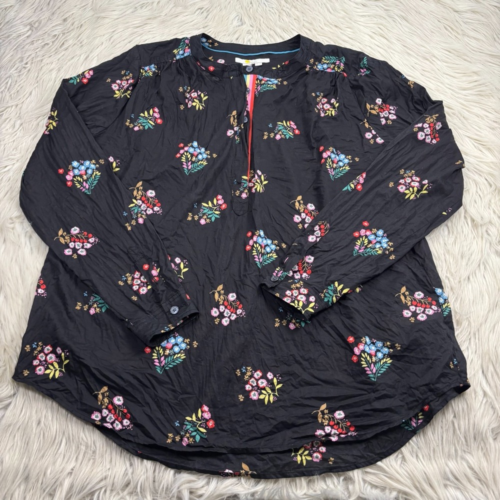 Boden‎ Women's US 6 Black Multi Floral Light Weight Cotton Henley Blouse Twee